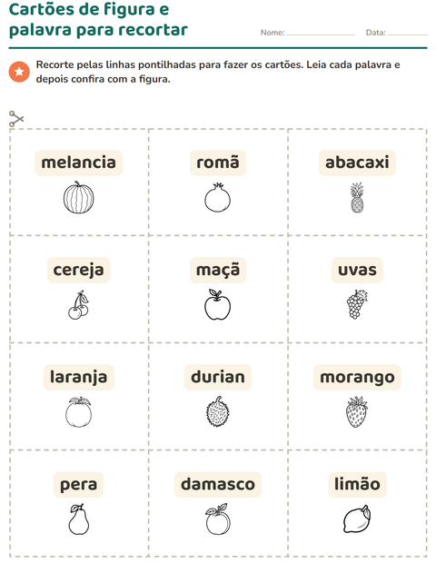Pré-visualização da ficha de Cartões de figura e palavra com Frutas PB para Educação infantil (pré-escola, 5-7 anos)