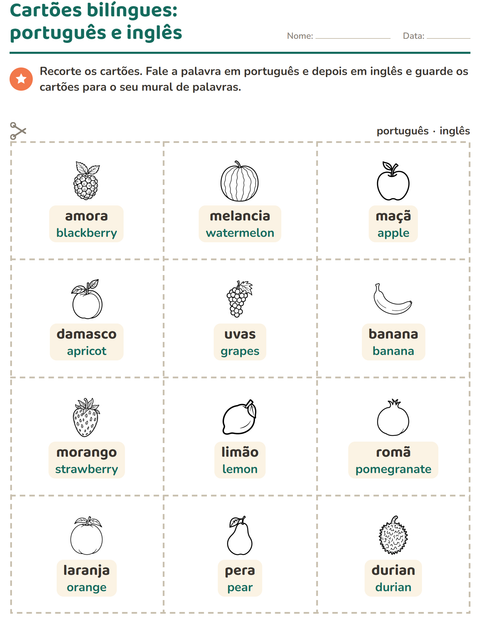 Pré-visualização da ficha de Cartões de figura e palavra com Frutas PB para Educação infantil (pré-escola, 5-7 anos)