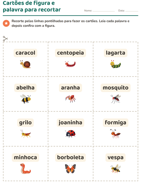 Pré-visualização da ficha de Cartões de figura e palavra com Insetos e bichos para Educação infantil (pré-escola, 5-7 anos)