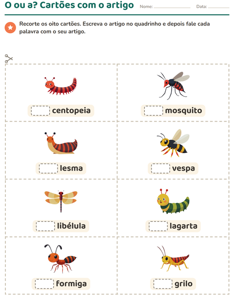 Pré-visualização da ficha de Cartões de figura e palavra com Insetos e bichos para Educação infantil (pré-escola, 5-7 anos)