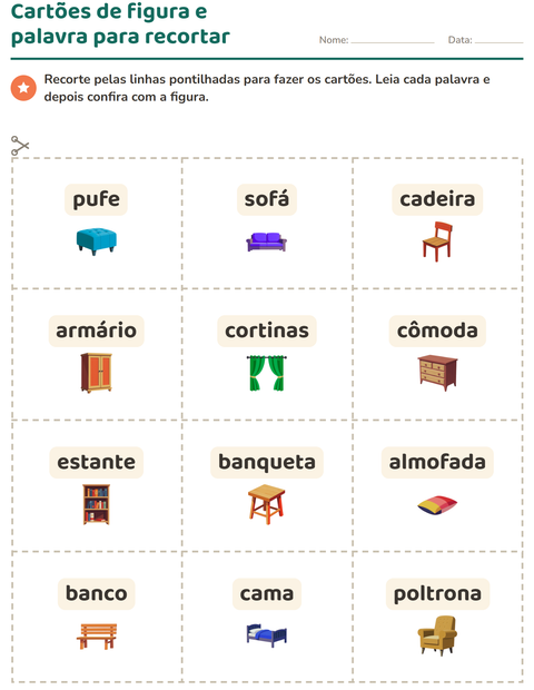 Pré-visualização da ficha de Cartões de figura e palavra com Móveis para Educação infantil (pré-escola, 5-7 anos)