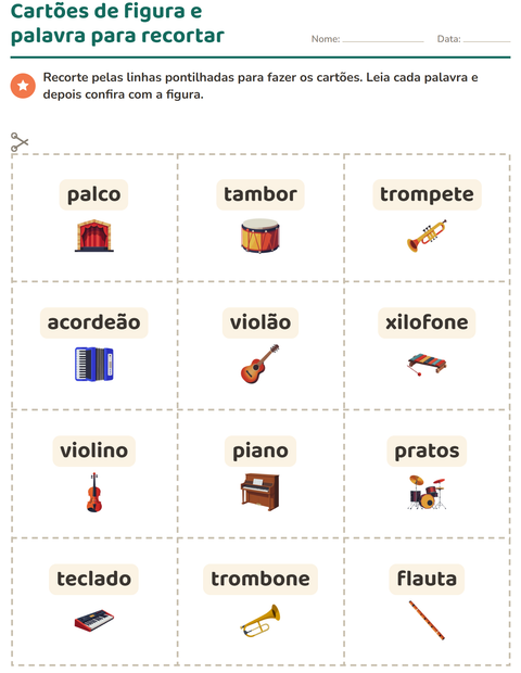 Pré-visualização da ficha de Cartões de figura e palavra com Música para Educação infantil (pré-escola, 5-7 anos)