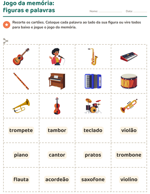 Pré-visualização da ficha de Cartões de figura e palavra com Música para Educação infantil (pré-escola, 5-7 anos)