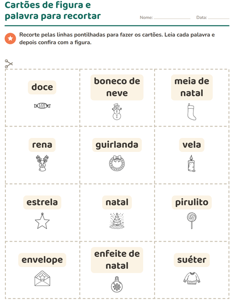 Pré-visualização da ficha de Cartões de figura e palavra com Natal P&B para Educação infantil (pré-escola, 5-7 anos)