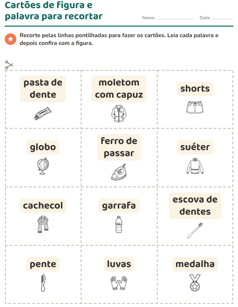 Pré-visualização da ficha de Cartões de figura e palavra com Objetos PB para Educação infantil (pré-escola, 5-7 anos)