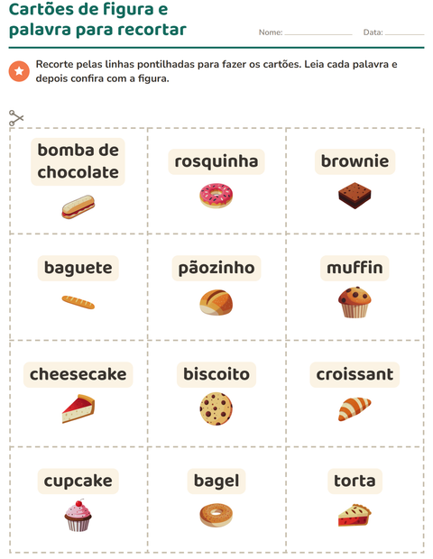 Pré-visualização da ficha de Cartões de figura e palavra com Padaria para Educação infantil (pré-escola, 5-7 anos)