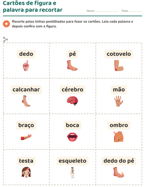Pré-visualização da ficha de Cartões de figura e palavra com Partes do corpo para Educação infantil (pré-escola, 5-7 anos)