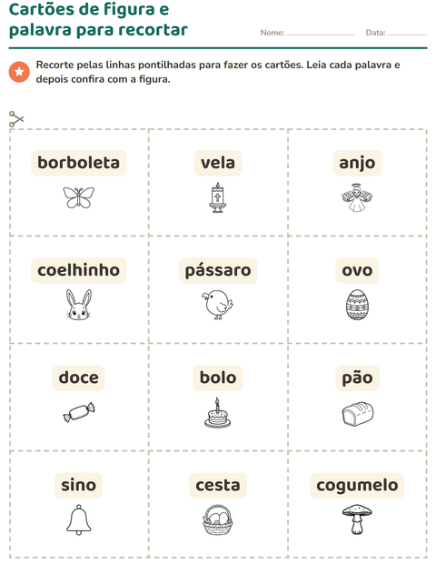 Pré-visualização da ficha de Cartões de figura e palavra com Páscoa PB para Educação infantil (pré-escola, 5-7 anos)