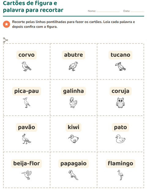 Pré-visualização da ficha de Cartões de figura e palavra com Pássaros P&B para Educação infantil (pré-escola, 5-7 anos)