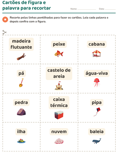 Pré-visualização da ficha de Cartões de figura e palavra com Praia para Educação infantil (pré-escola, 5-7 anos)