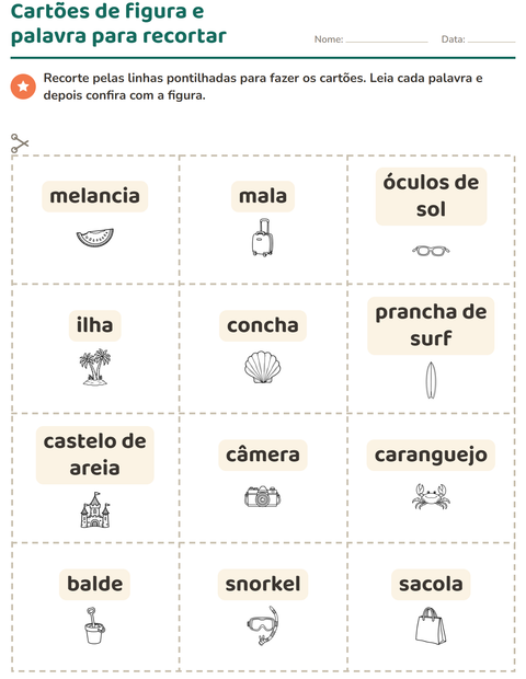 Pré-visualização da ficha de Cartões de figura e palavra com Praia PB 2 para Educação infantil (pré-escola, 5-7 anos)