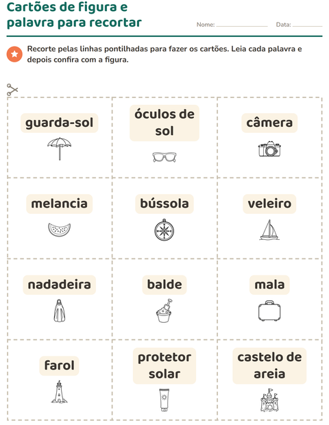 Pré-visualização da ficha de Cartões de figura e palavra com Praia PB para Educação infantil (pré-escola, 5-7 anos)