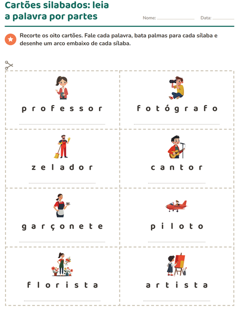 Pré-visualização da ficha de Cartões de figura e palavra com Profissões para 1º ano do ensino fundamental