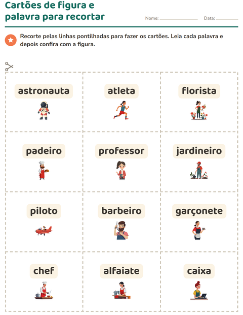 Pré-visualização da ficha de Cartões de figura e palavra com Profissões para Educação infantil (pré-escola, 5-7 anos)