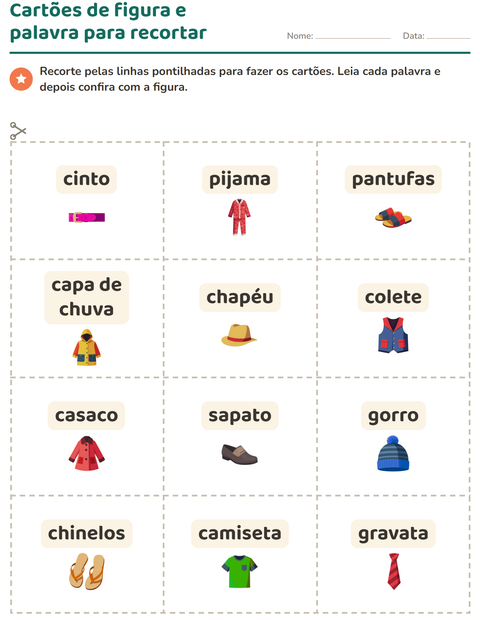 Pré-visualização da ficha de Cartões de figura e palavra com Roupas para Educação infantil (pré-escola, 5-7 anos)