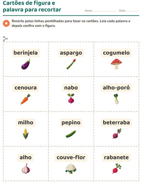 Pré-visualização da ficha de Cartões de figura e palavra com Vegetais para Educação infantil (pré-escola, 5-7 anos)