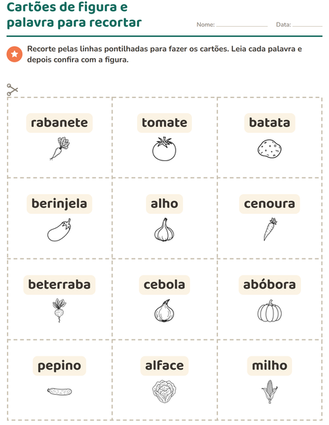 Pré-visualização da ficha de Cartões de figura e palavra com Vegetais PB para Educação infantil (pré-escola, 5-7 anos)