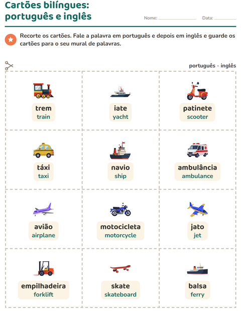 Pré-visualização da ficha de Cartões de figura e palavra com Veículos para Educação infantil (pré-escola, 5-7 anos)