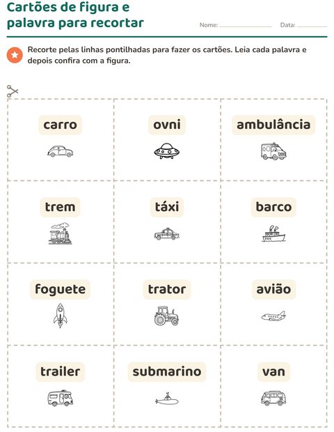 Pré-visualização da ficha de Cartões de figura e palavra com Veículos PB 2 para Educação infantil (pré-escola, 5-7 anos)