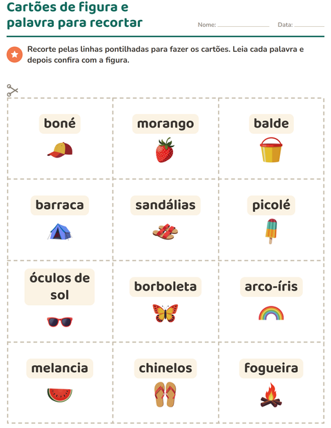 Pré-visualização da ficha de Cartões de figura e palavra com Verão para Educação infantil (pré-escola, 5-7 anos)