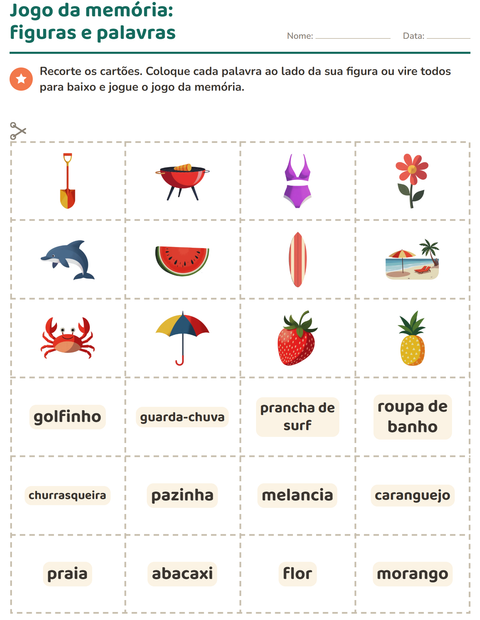 Pré-visualização da ficha de Cartões de figura e palavra com Verão para Educação infantil (pré-escola, 5-7 anos)