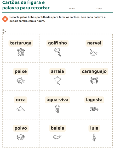 Pré-visualização da ficha de Cartões de figura e palavra com Vida marinha PB para Educação infantil (pré-escola, 5-7 anos)