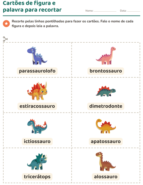 Pré-visualização da ficha de Cartões de figura e palavra com Dinossauros para Educação infantil (pré-escola, 5-7 anos)