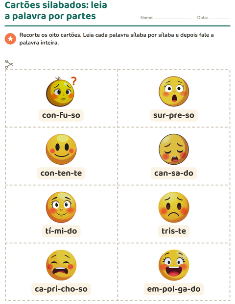 Pré-visualização da ficha de Cartões de figura e palavra com Emoções para 1º ano do ensino fundamental