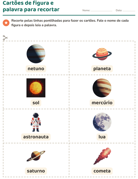 Pré-visualização da ficha de Cartões de figura e palavra com Espaço para Educação infantil (pré-escola, 5-7 anos)