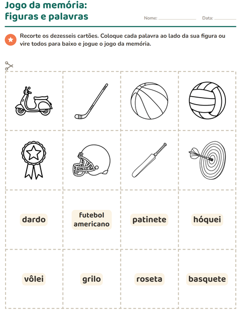 Pré-visualização da ficha de Cartões de figura e palavra com Esportes PB para Educação infantil (pré-escola, 5-7 anos)