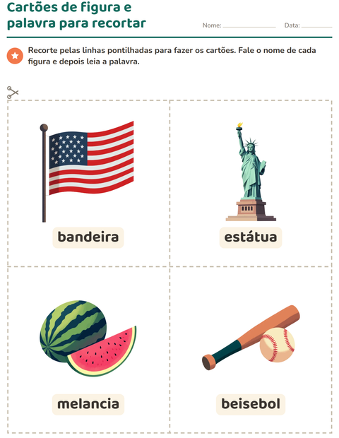 Pré-visualização da ficha de Cartões de figura e palavra com 4 de Julho para Educação infantil (pré-escola, 5-7 anos)