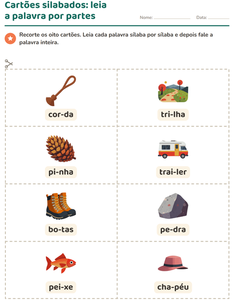 Pré-visualização da ficha de Cartões de figura e palavra com Acampamento para 1º ano do ensino fundamental