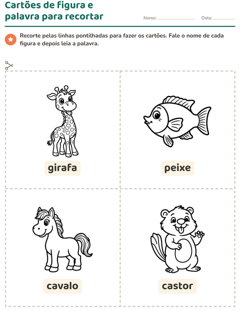Pré-visualização da ficha de Cartões de figura e palavra com Animais PB para Educação infantil (pré-escola, 5-7 anos)