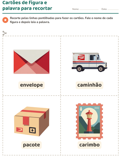 Pré-visualização da ficha de Cartões de figura e palavra com Correios para Educação infantil (pré-escola, 5-7 anos)