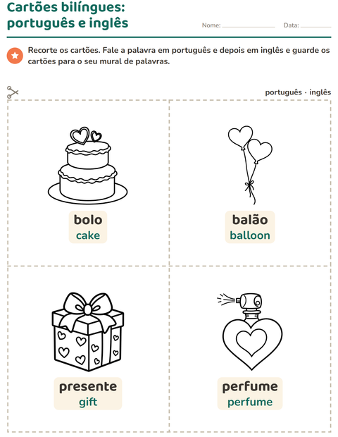 Pré-visualização da ficha de Cartões de figura e palavra com Dia dos Namorados PB 2 para Educação infantil (pré-escola, 5-7 anos)