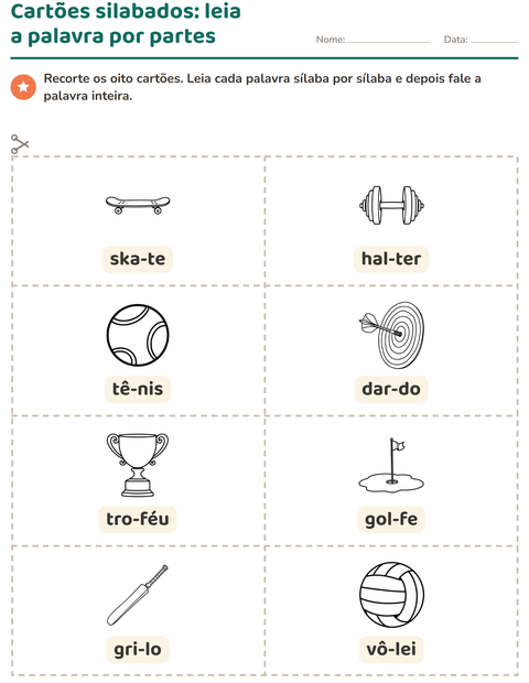 Pré-visualização da ficha de Cartões de figura e palavra com Esportes PB para 1º ano do ensino fundamental