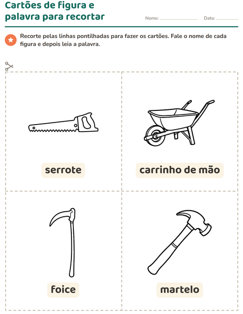 Pré-visualização da ficha de Cartões de figura e palavra com Ferramentas PB para Educação infantil (pré-escola, 5-7 anos)
