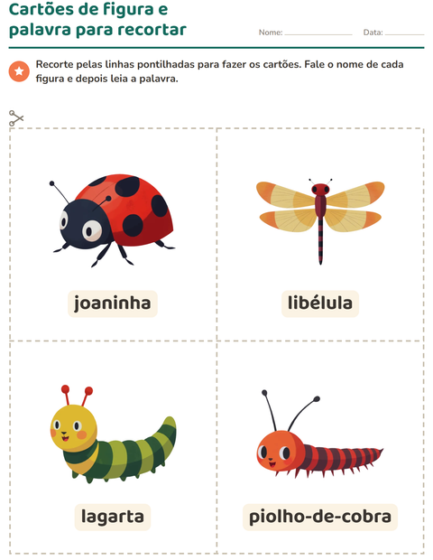 Pré-visualização da ficha de Cartões de figura e palavra com Insetos e bichos para Educação infantil (pré-escola, 5-7 anos)