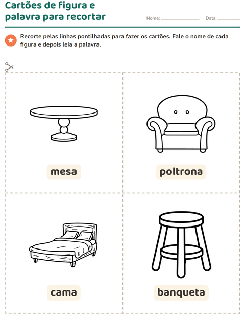 Pré-visualização da ficha de Cartões de figura e palavra com Móveis PB para Educação infantil (pré-escola, 5-7 anos)