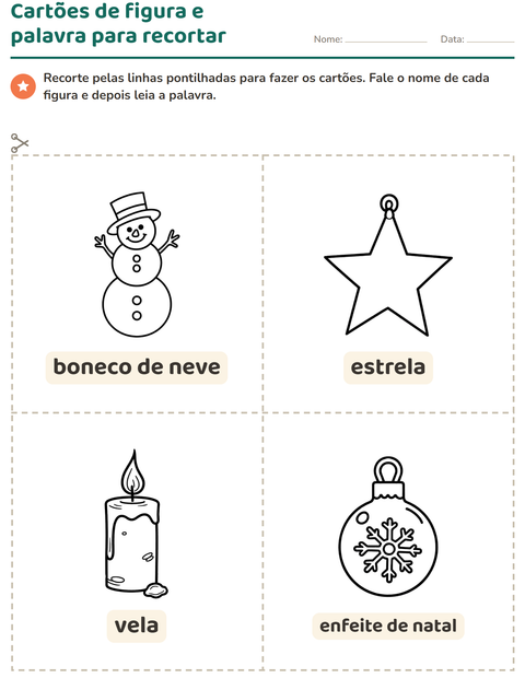 Pré-visualização da ficha de Cartões de figura e palavra com Natal P&B para Educação infantil (pré-escola, 5-7 anos)