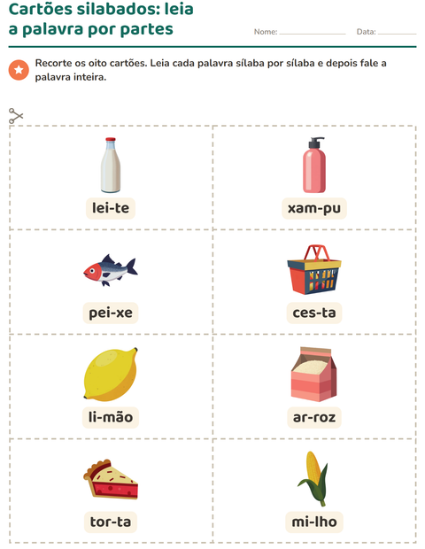 Pré-visualização da ficha de Cartões de figura e palavra com No supermercado para 1º ano do ensino fundamental