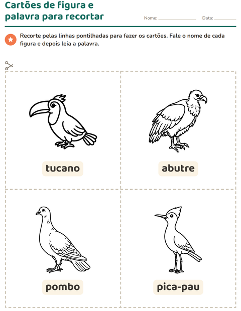 Pré-visualização da ficha de Cartões de figura e palavra com Pássaros P&B para Educação infantil (pré-escola, 5-7 anos)