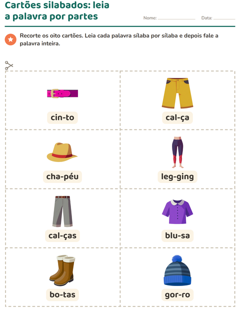 Pré-visualização da ficha de Cartões de figura e palavra com Roupas para 1º ano do ensino fundamental