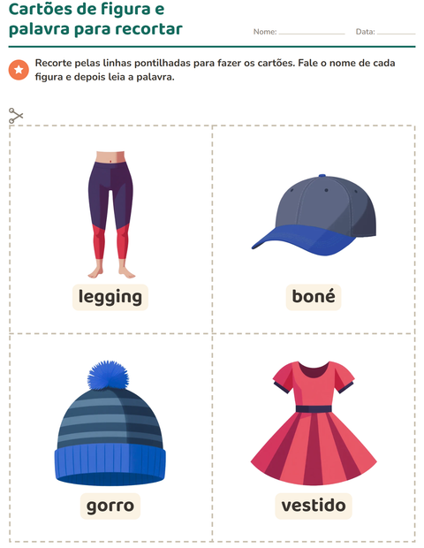 Pré-visualização da ficha de Cartões de figura e palavra com Roupas para Educação infantil (pré-escola, 5-7 anos)