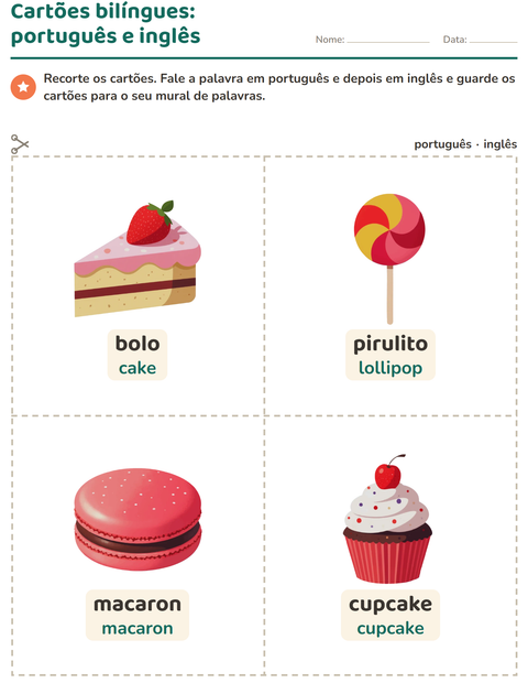 Pré-visualização da ficha de Cartões de figura e palavra com Sobremesas e doces para Educação infantil (pré-escola, 5-7 anos)