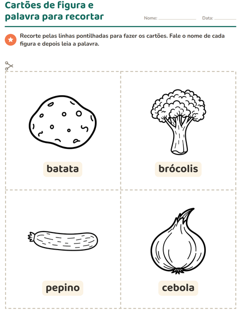 Pré-visualização da ficha de Cartões de figura e palavra com Vegetais PB para Educação infantil (pré-escola, 5-7 anos)