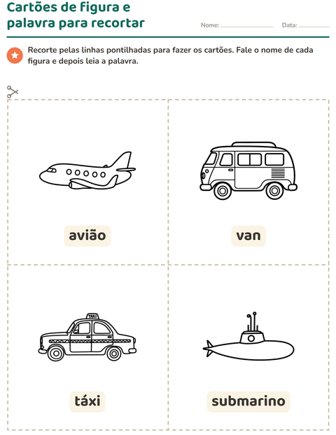 Pré-visualização da ficha de Cartões de figura e palavra com Veículos PB 2 para Educação infantil (pré-escola, 5-7 anos)