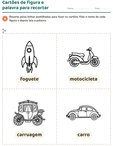 Pré-visualização da ficha de Cartões de figura e palavra com Veículos PB 3 para Educação infantil (pré-escola, 5-7 anos)