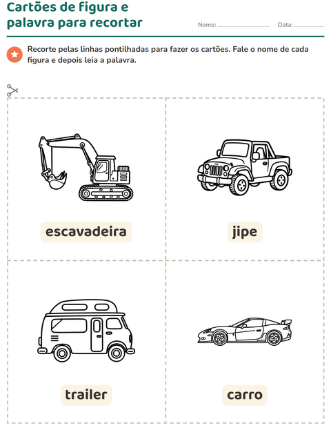 Pré-visualização da ficha de Cartões de figura e palavra com Veículos PB para Educação infantil (pré-escola, 5-7 anos)