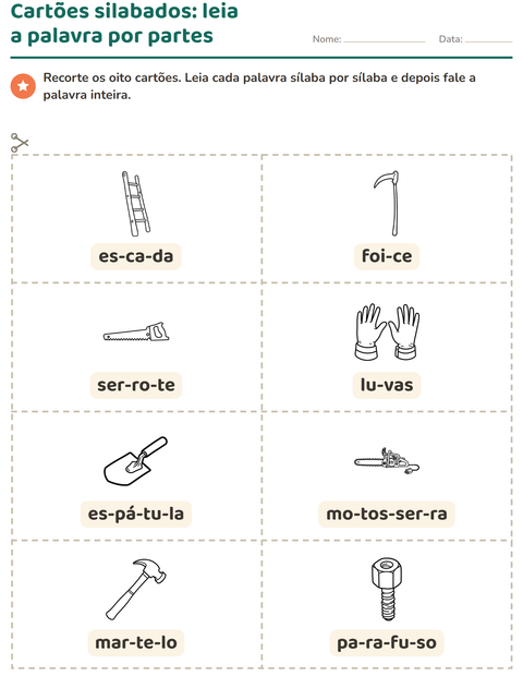 Pré-visualização da ficha de Cartões de figura e palavra com Ferramentas PB para 1º ano do ensino fundamental